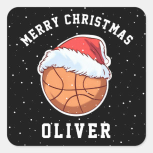 Adesivo Quadrado Bola de Basquete Santa Hat Nome Feliz Natal