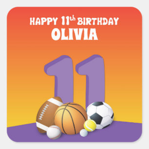 Adesivo Quadrado Bolas de Esportes de Aniversário para 11 de Menin