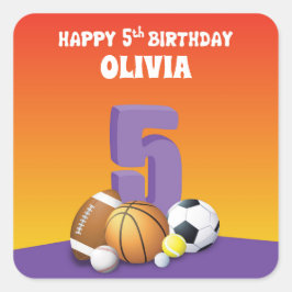 Adesivo Quadrado Bolas de Esportes de Aniversário para 5 de Menina 