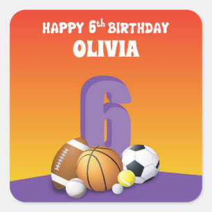 Adesivo Quadrado Bolas de Esportes de Aniversário para 6 de Menina