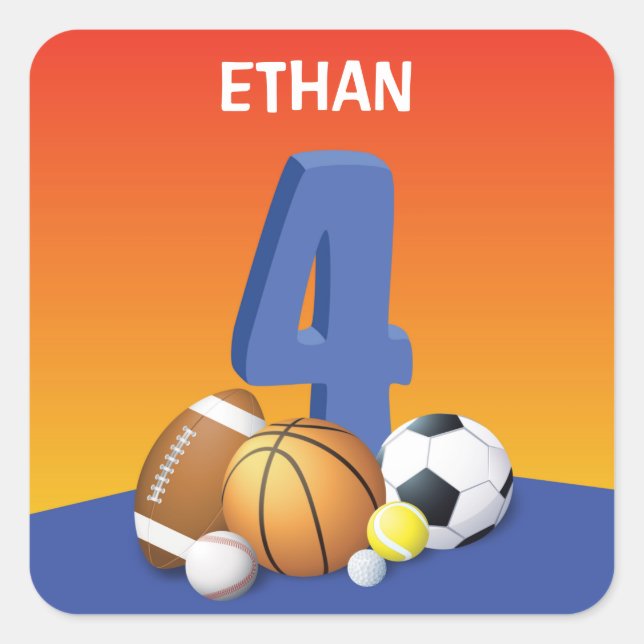 Adesivo Quadrado Bolas de Esportes de Quarto Aniversário (Frente)