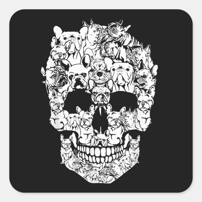 Adesivo Quadrado Bolcão Francês Cachorro Crânio Engraçado Presente  (Frente)