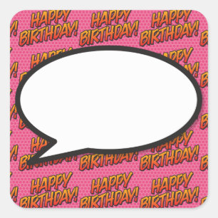 Adesivo Quadrado Bolha de Fala de Feliz Aniversário Divertida Retrô