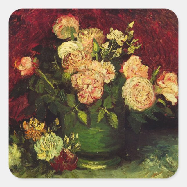 Adesivo Quadrado Boliche com Peonies e Rosas de Vincent van Gogh (Frente)