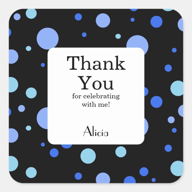 Adesivo Quadrado Bolinhas Azul do Céu Simples Preto Obrigado (Frente)