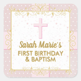 Adesivo Quadrado Bolinhas de Texto Dourado Rosa Batismo primeiro an