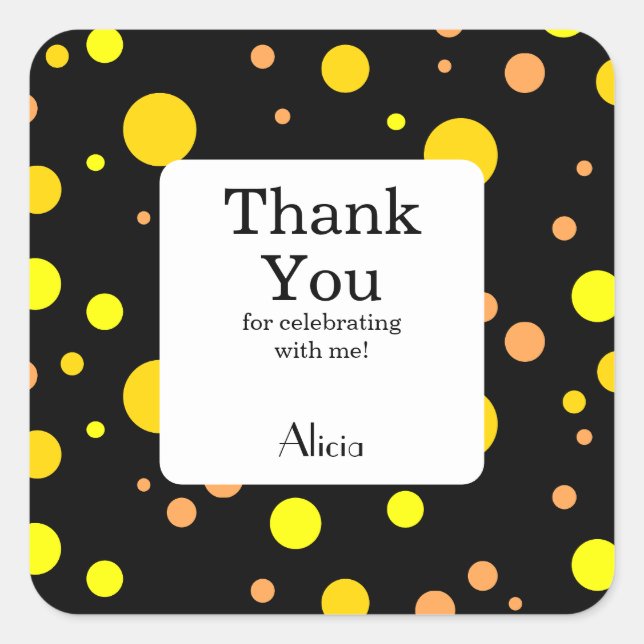 Adesivo Quadrado Bolinhas Dourada amarela alaranjada Preta Obrigado (Frente)