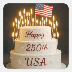 Adesivo Quadrado Bolo de 250º Aniversário com Bandeira Americana