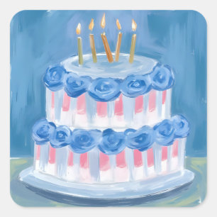 Adesivo Quadrado Bolo De Aniversário Azul Celebração De Aquarela Fe
