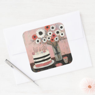 Adesivo Quadrado Bolo de Aniversário Chic e Flores de Gerbera