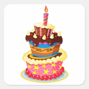 Adesivo Quadrado Bolo De Aniversário Colorido Com Vela