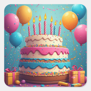 Adesivo Quadrado 🎂 Bolo de Aniversário com Presentes e Balões