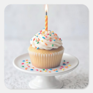 Adesivo Quadrado Bolo de Aniversário com uma Vela