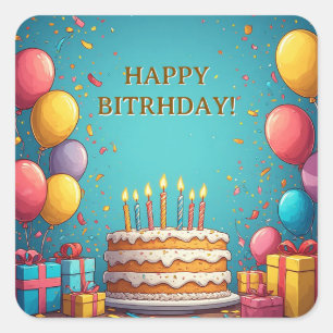 Adesivo Quadrado Bolo De Aniversário Com Velas E Balões De Fundo