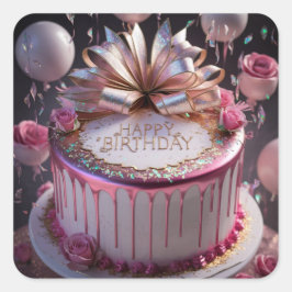 Adesivo Quadrado Bolo de Aniversário Cor de Rosa Celebração