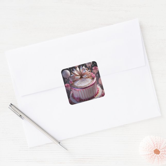 Adesivo Quadrado Bolo de Aniversário Cor de Rosa Embotido Celebraçã (Envelope)