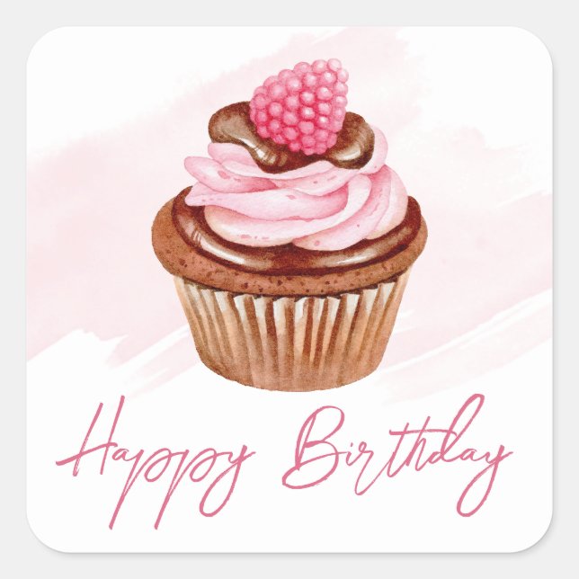 Adesivo Quadrado Bolo de Aniversário de Cupcake de Raspberry e Choc (Frente)