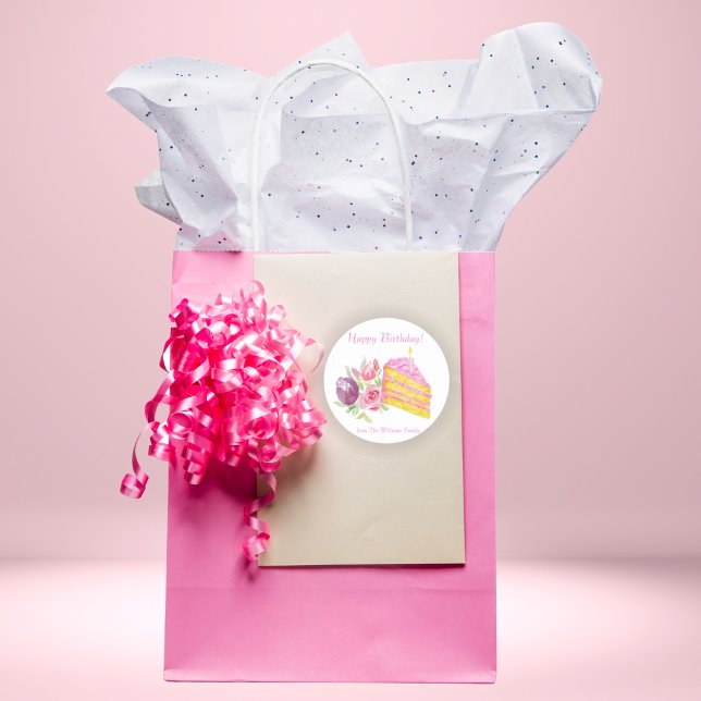 Adesivo Quadrado Bolo de Aniversário do Glacé Rosa de Aquarela (Criador carregado)