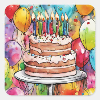 Adesivo Quadrado Bolo de aniversário feliz e festivo, velas e balõe