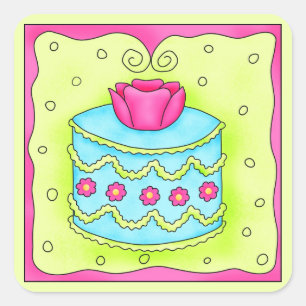 Adesivo Quadrado Bolo de Aniversário Feliz Rosa de Turquesa