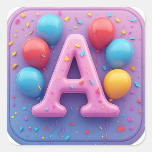 Adesivo Quadrado 🎂 Bolo de Aniversário Pastel Letra A Decoração de