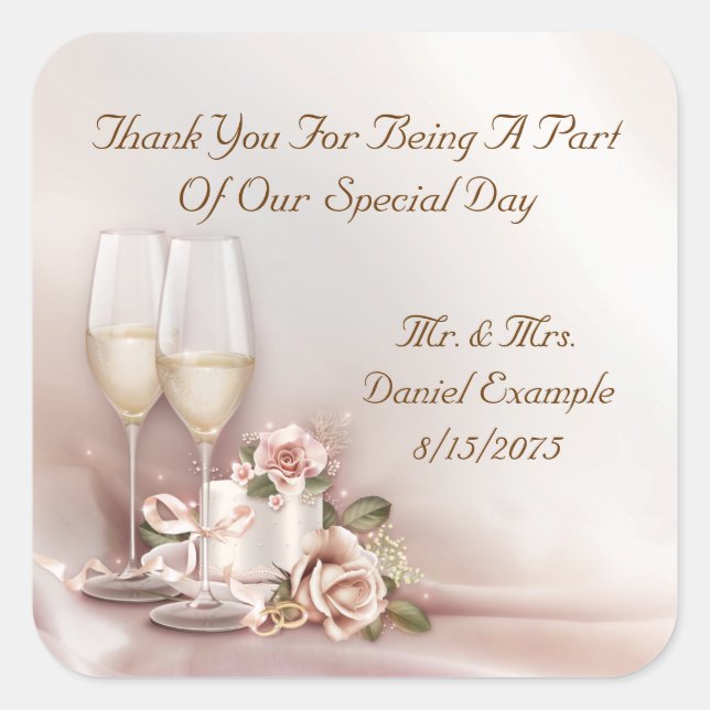 Adesivo Quadrado Bolo de Champanhe de Favor do Casamento (Frente)