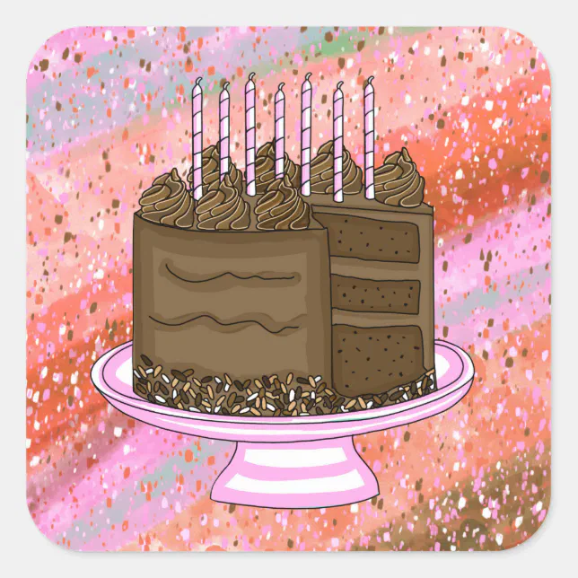Adesivo Quadrado Bolo de Chocolate Rosa e Castanho Aniversário