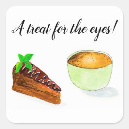 Adesivo Quadrado Bolo E Café De Chocolate Com Aquarelas