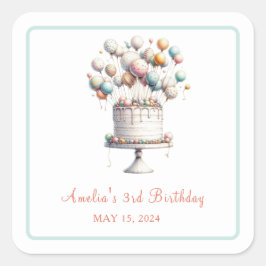 Adesivo Quadrado Bolo surrealista de aniversário e balões personali