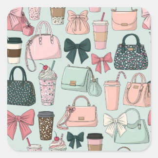 Adesivo Quadrado Bolsas, laços e lattes