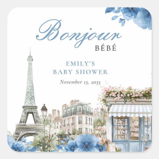 Adesivo Quadrado Bom Dia Bebê French Azul Chade de Bebê (Frente)