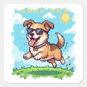 Adesivo Quadrado Bom Menino Pixel Cachorrinho Design de Jogos Retrô