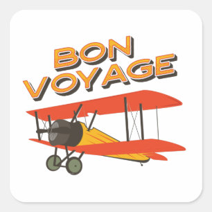 Adesivo Quadrado Bon Voyage Biplane Vintage Avião