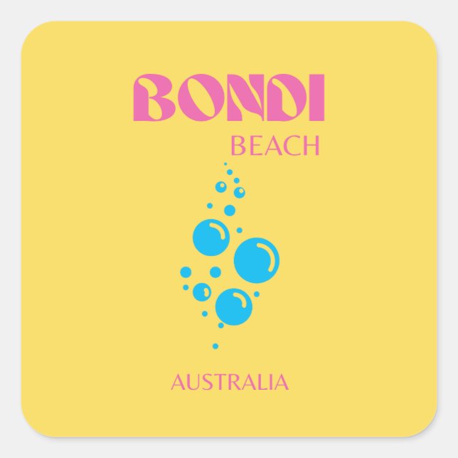 Adesivo Quadrado Bondi Beach, Viagem Art, Preppy, Amarelo, rosa (Frente)