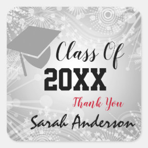 Adesivo Quadrado Boné de formatura, Classe Ano 20XX Obrigado Prata