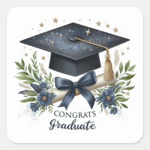 Adesivo Quadrado Boné de formatura Elegante e Diploma