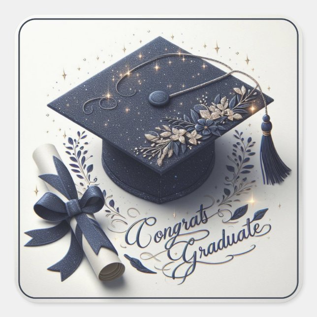 Adesivo Quadrado Boné de formatura Elegante e Diploma (Frente)