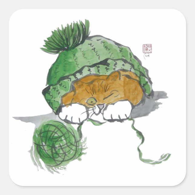 Adesivo Quadrado Boné de Knit Quente e um Kitten (Frente)