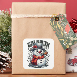 Adesivo Quadrado Boné de Natal de Boneco de Neve Cano Feliz Natal