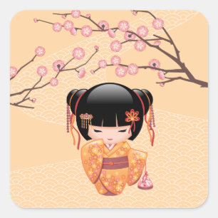 Adesivo Quadrado Boneca de Ume Kokeshi - menina de gueixa japonesa