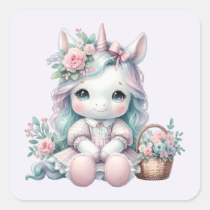 Adesivo Quadrado Boneca Pastel Kawaii Unicórnio com Cesto de Flores