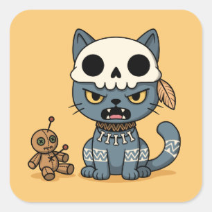 Adesivo Quadrado Boneca Voodoo de Gato Bruxa em Amarelo