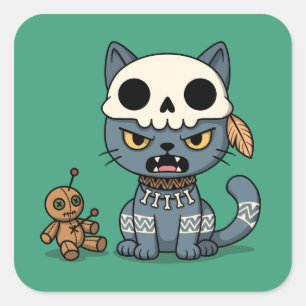 Adesivo Quadrado Boneca Voodoo de Gato Bruxa no Verde