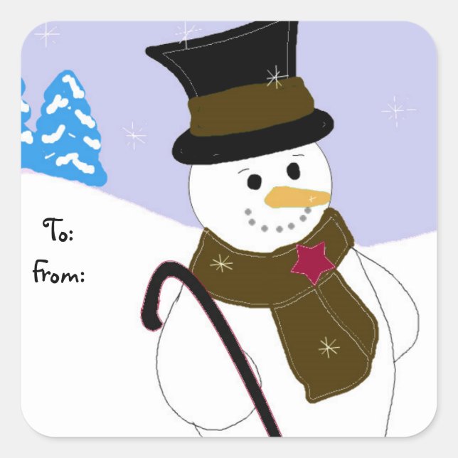 Adesivo Quadrado Boneco de Neve Alegre com Chapéu e Bengala (Frente)