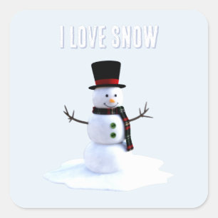 Adesivo Quadrado Boneco de neve com chapéu e cachecol. Eu Amo Neve