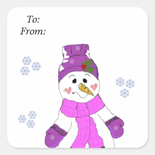 Adesivo Quadrado Boneco de Neve com Chapéu Roxo e Cachecol (Frente)