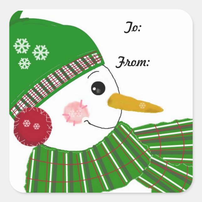 Adesivo Quadrado Boneco de Neve com Chapéu Verde e Cachecol (Frente)