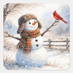 Adesivo Quadrado Boneco de Neve Com Pássaro Cardinal Vermelho