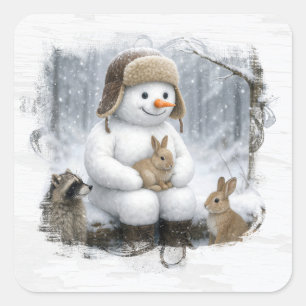 Adesivo Quadrado Boneco de Neve de Natal Com Amigos nos Bosques de