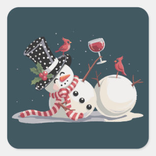 Adesivo Quadrado Boneco de Neve de Natal com Presente de Vinho Bebe